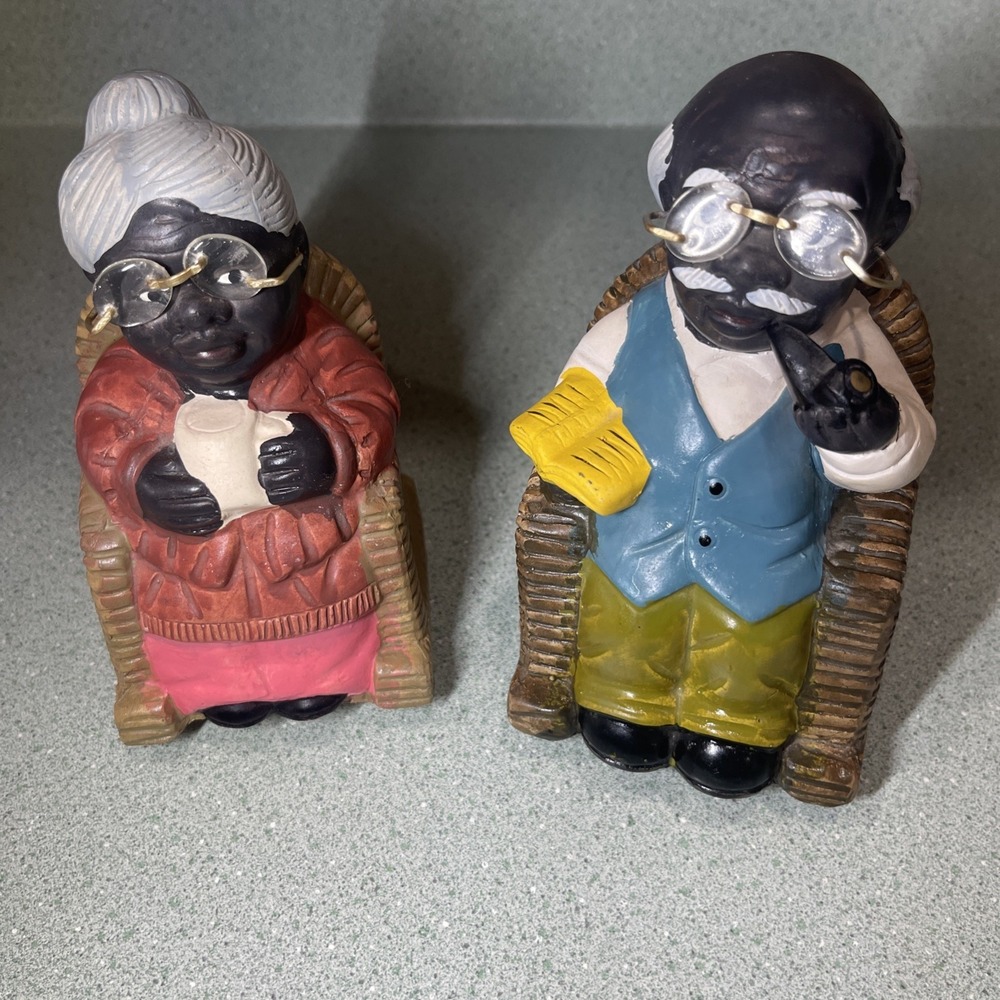 Vintage 1998 Porcelain African American Couple Rocking Chairs Coin Banks Painted